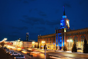 Fototapeta na wymiar Illuminated administration building in Yekaterinburg, Russia at night