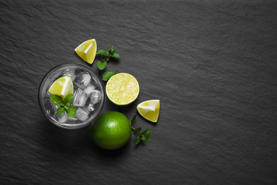 top view of fresh Mojito closeup on a grey stone background