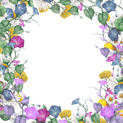 Hand drawn frame of watercolor garden flowers