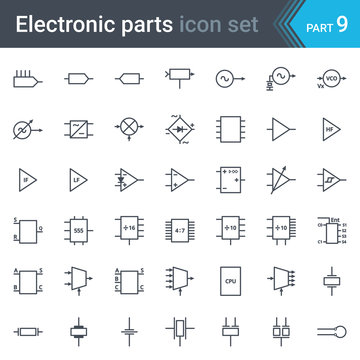 Complete vector set of electric and electronic circuit diagram symbols and elements - circuitry, blocks, stages, amplifier, logic circuits, piezoelectric crystals and crystal oscillators