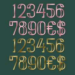 Pink and gold numbers with dollar and euro symbols. Metallic stamped typographic elements.