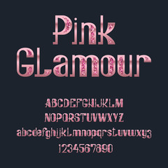 Pink Glamour typeface. Glittering rose font. Isolated ornate english capital and lowercase letters alphabet with numbers.