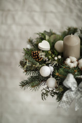 Fototapeta na wymiar Christmas composition. Winter background. Christmas wreath. Handmade holiday wreath