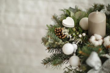 Christmas composition. Winter background. Christmas wreath. Handmade holiday wreath