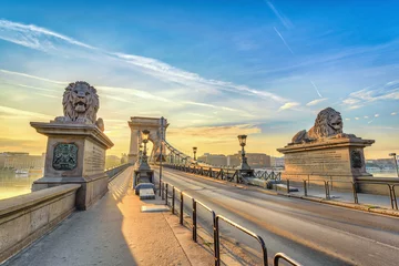 Fototapeten Skyline von Budapest bei Sonnenaufgang an der Kettenbrücke, Budapest, Ungarn © Noppasinw