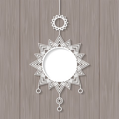 White lace pendant on wooden background. Decorative design element, lacy holiday decoration for Christmas and New Year. Vector illustration