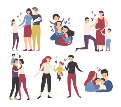 Happy loving family. Mother, father and children smiling, hugging, kissing and playing. Collection of cute and funny flat cartoon characters in different situations. Colorful vector illustration.