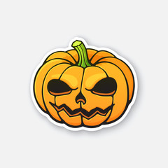 Vector illustration. Halloween scary pumpkin with evil smile. Jack-o'-lantern the spooky symbol of holiday. Sticker in cartoon style with contour. Isolated on white background
