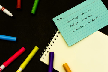 Malay and English; Learning New Language with Writing Words and Phrases. Translation; Good Morning.