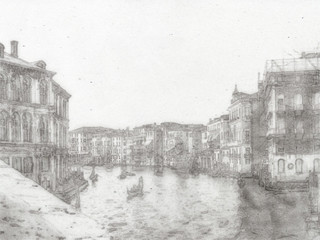 Pencil Sketching; The Landscape View of Canal and City in Venice, Italy