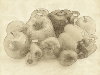 Pencil Sketching; Origami Ninja with Vegetables and Fruits