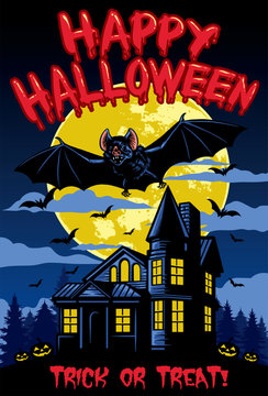 halloween design with bat and hanted house