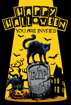 halloween invitation design with cat standing on the top of tombstone