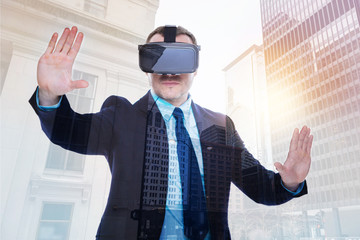 Bristled businessman experiencing virtual reality