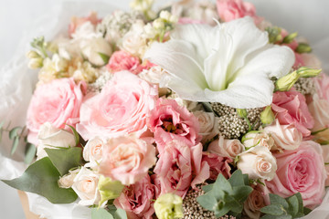 Flower composition on a gray background. Wedding and Festive decor. pink color. closeup