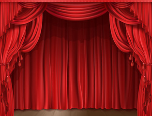 Closed red stage curtain realistic vector illustration. Grand opening concept, performance or event premiere poster, announcement banner template with theater stage - obrazy, fototapety, plakaty