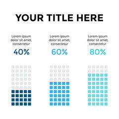 Vector infographic, diagram chart, graph presentation. Business template with 3 options, parts, steps, processes. 40, 60, 80 percents. Percentage complete status. Flat trendy minimal design.