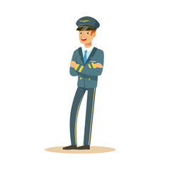 Smiling airline pilot character in blue uniform standing folded hands, aircraft captain vector Illustration
