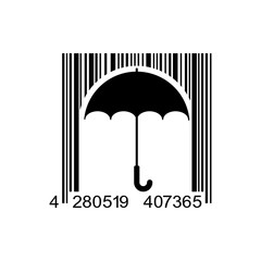 Icono plano codigo de barras paraguas negro en fondo blanco