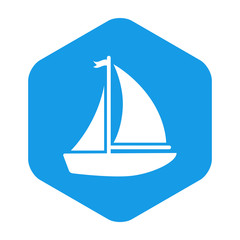 Icono plano velero en hexagono azul