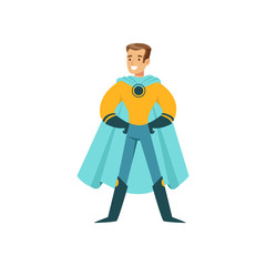 Boy superhero in classic comics costume standing proud