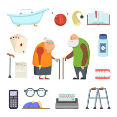 Old couple with assistants tools. Vector illustrations set in cartoon style