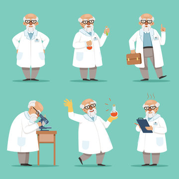 Character of old scientist or chemist. Mascot design of crazy professor. Male teacher. Vector pictures set
