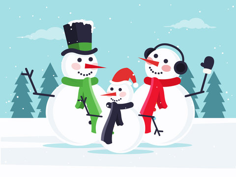 Happy Snowman Family. Flat Design Style. 