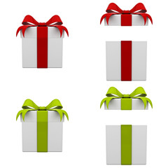 Collection of 3d gift boxes with red and green ribbon bows isolated on white background . 3D rendering.