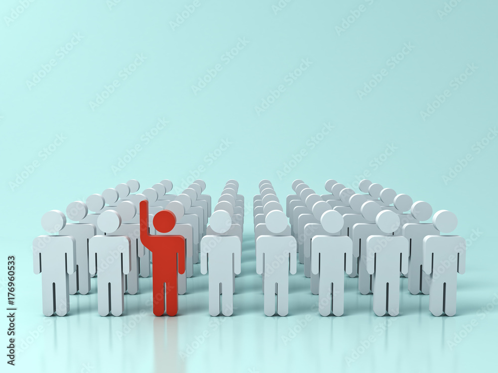Fototapete stand out from the crowd and different creative idea concepts , one red man raising his hand among o