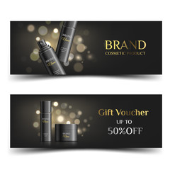 A beautiful cosmetic banner or gift voucher, realistic 3d black matte bottle and jar for spray and cream. Modern luxury illustration for advertising on a white background