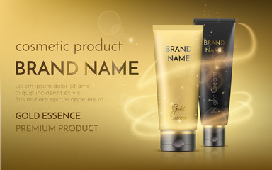 A beautiful exhibition of premium cosmetic product for ads, moisturizing skincare cream on a luxury gold background with bokeh and lighting flare effect, vector, eps10