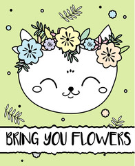 Doodle cat in flower wreath. Modern postcard, print design template. Inspirational greeting card