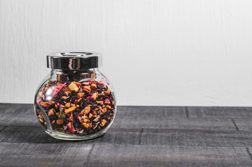 Herbal tea, carcade in a glass jar