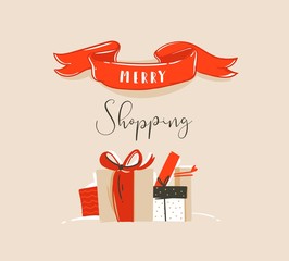 Hand drawn vector abstract fun Merry Christmas time cartoon illustration card with Christmas surprise gift boxes and modern typography quote Marry Shopping isolated on craft paper background