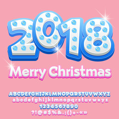 Vector cute light bulb Merry Christmas 2018 Greeting Card for Children. Colorful Alphabet Letters, Numbers, Symbols. Font contains Graphic Style