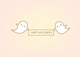 Happy halloween greeting card design template. Holiday banner with cute ghosts in kawaii style