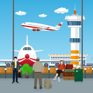 View on Airplanes and Control Tower , Waiting Room at the Airport with Passengers , People Waiting for Boarding a Plane, Travel Concept, Vector Illustration