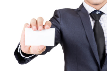 Businessman holding white business card isolated on white background