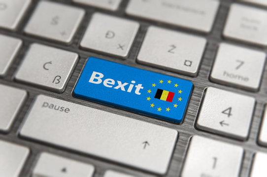 Blue key Enter Belgium Bexit with EU keyboard button on modern text communication board