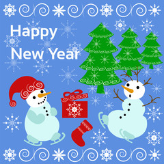 Fototapeta na wymiar greeting card, banner with Christmas snowmen, Christmas trees on a blue background