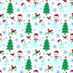  Christmas seamless pattern with spruce, stars, snowflakes, snowmen and a bird on a white background.