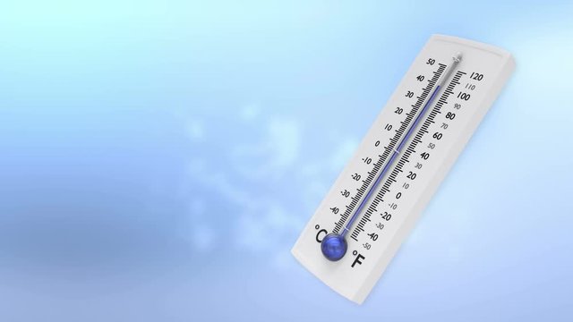 Decreasing temperature on thermometer with blue mercury and blue background.
Animation of thermometer with decreasing blue indicator. Mask for thermometer included.