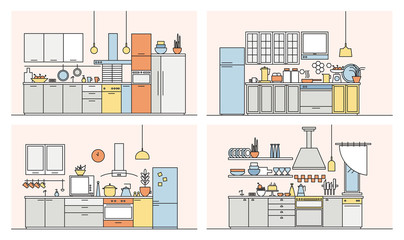 Collection of kitchens full of modern furniture, household appliances, cookware, cooking facilities and home decorations. Set of elegant interiors drawn in line art style. Vector illustration.
