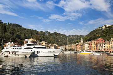 Fototapeta na wymiar Boats moored at marina, Portofino, Italy