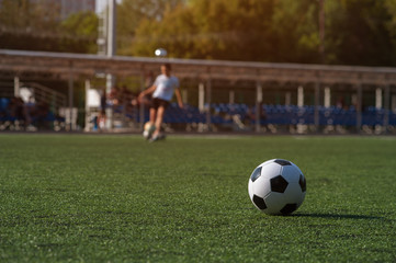 Obraz na płótnie Canvas Traditional soccer ball on green grass playground.