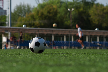 Obraz na płótnie Canvas Traditional soccer ball on green grass playground.