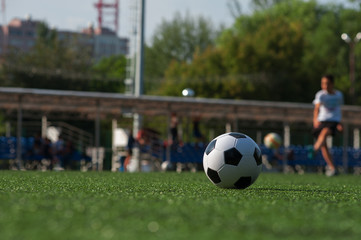 Obraz premium Traditional soccer ball on green grass playground.