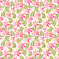 Seamless pattern with abstract flowers and laced leaves on a white background