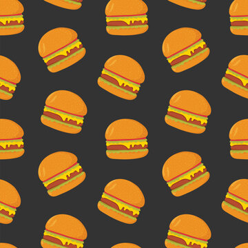 Colorful seamless pattern with tasty hamburgers on dark background. Juicy burgers or sandwiches, delicious fast food meal. Modern vector illustration for wallpaper, backdrop, wrapping paper.